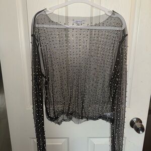 White Birch Gray Blouse with Pearl Accents